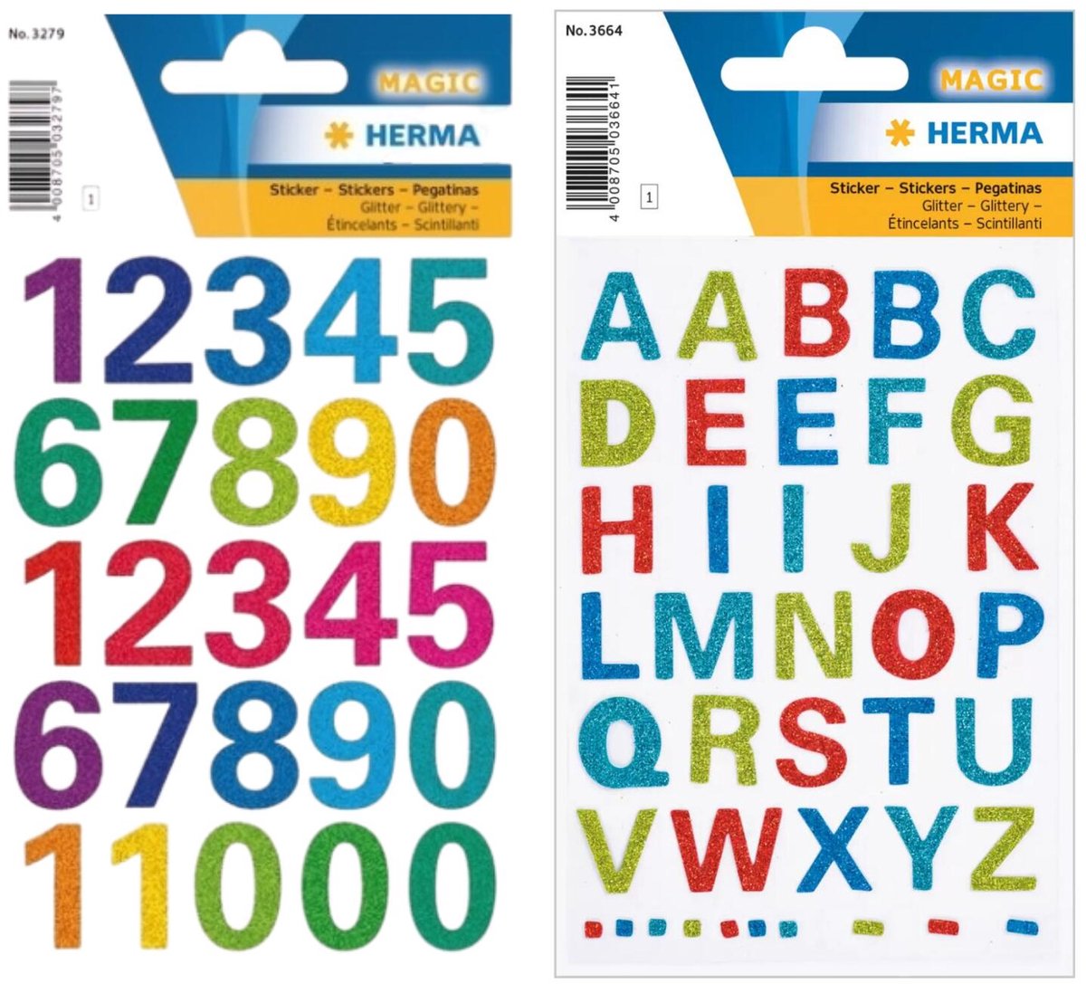 Herma stickervellen letters en cijfers - 2x vellen - gekleurd glitter - 15 mm - watervast