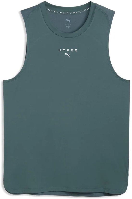 Grijsgroen mouwloos sportshirt met HYROX en PUMA logo's op de borst.