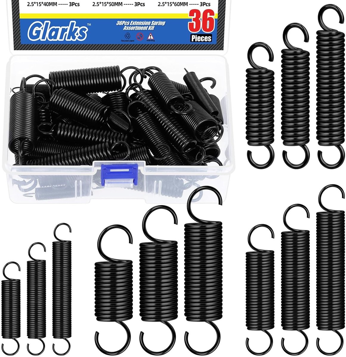 36 Stuks Zwarte Roestvrijstalen Uitbreidingsveren met Openingshaak - 12 Groottes voor Machinebouw, Industrieel Gebruik en Lentenspanning Assortiment