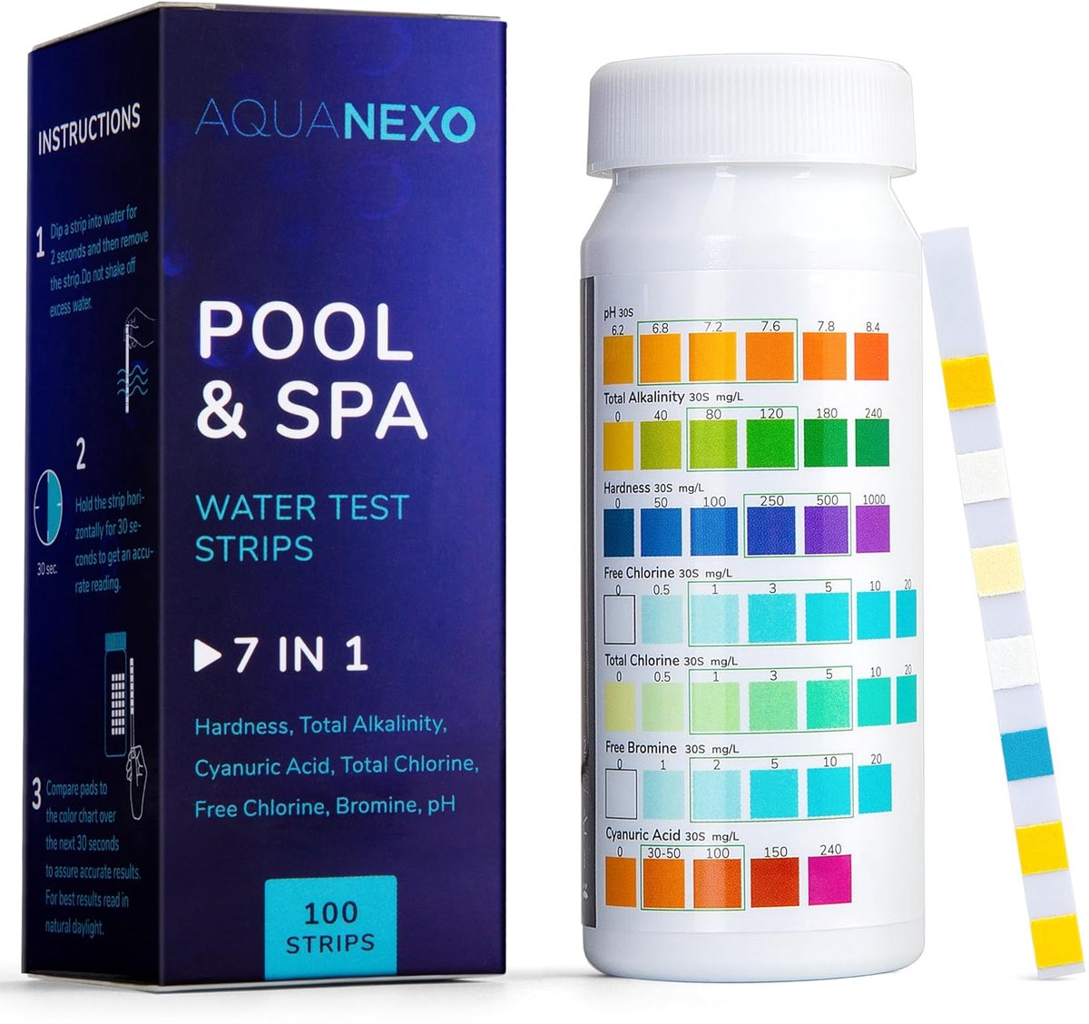 SnelShoppen - 100 Pool Test Strips 7-in-1 voor Zwembad, Jacuzzi, Paddling Pool, Water Tester, pH en Chloor, Bromine, Alkaliniteit, CYA, Totale Hardhei