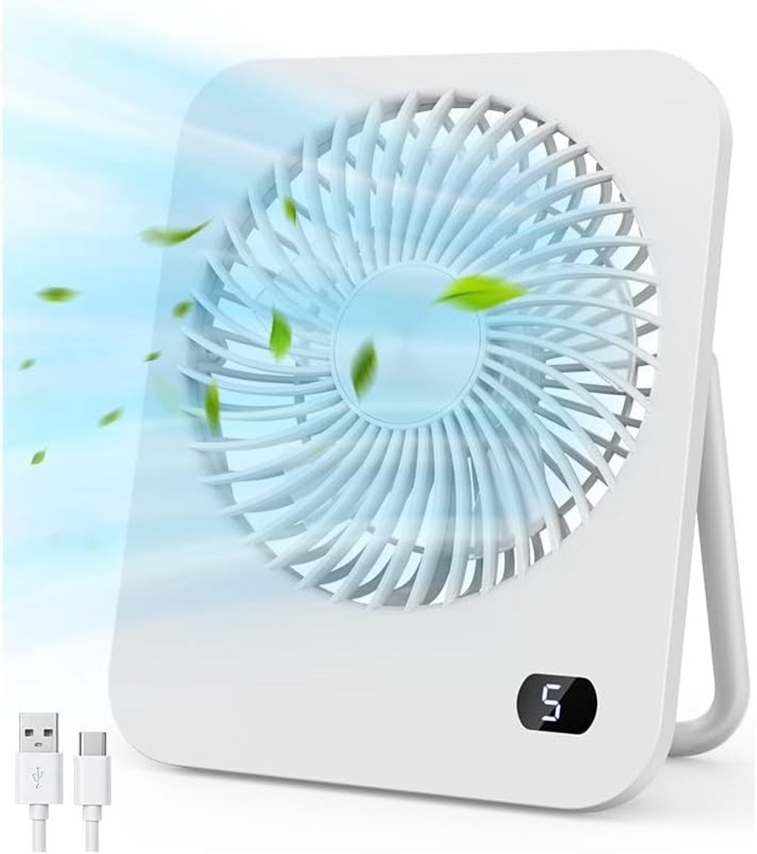 USB Ventilator - Wit - 3,3 cm - Draagbare Tafelventilator met 5 Snelheden - Voor Slaapkamer, Kantoor en Buitengebruik