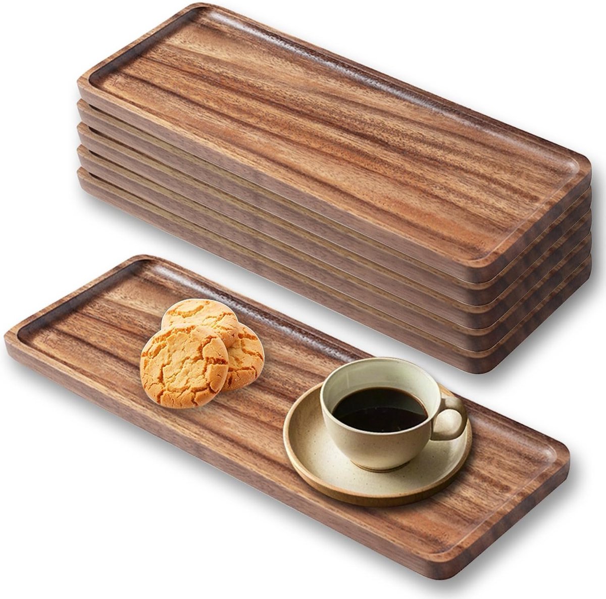 Houten Dienblad - Houten Charcuterie Board - Rechthoekige Houten Schaal voor het Serveren van Eten, Fruit & Kaasplank 35cmx14cm Hout Dessert Trays (6)
