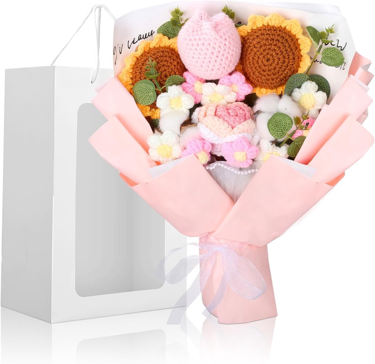 Gehaakte bloemen boeket, handgemaakt gebreid zonnebloemboeket met geschenkzakje voor thuisdecoratie, gehaakte afgewerkte bloem voor bruiloft, Moederdag, lerarendag en Valentijnsdag, oranje