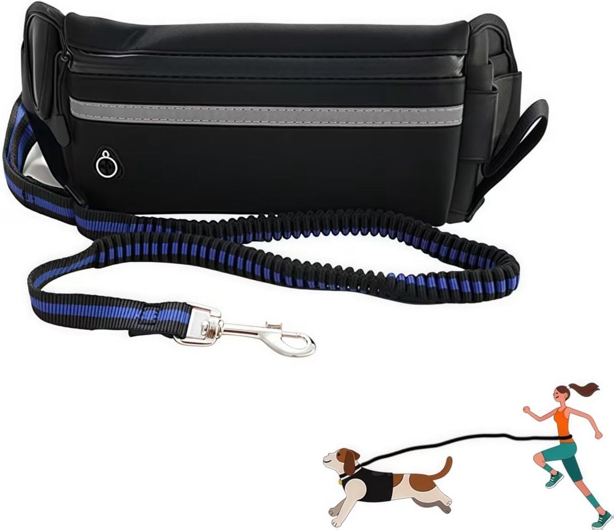 Handsfree hondenriem 110-163 cm, taille hondenriem, met reflecterende naden, voor middelgrote en grote honden, om te wandelen of hardlopen (donkerzwart)