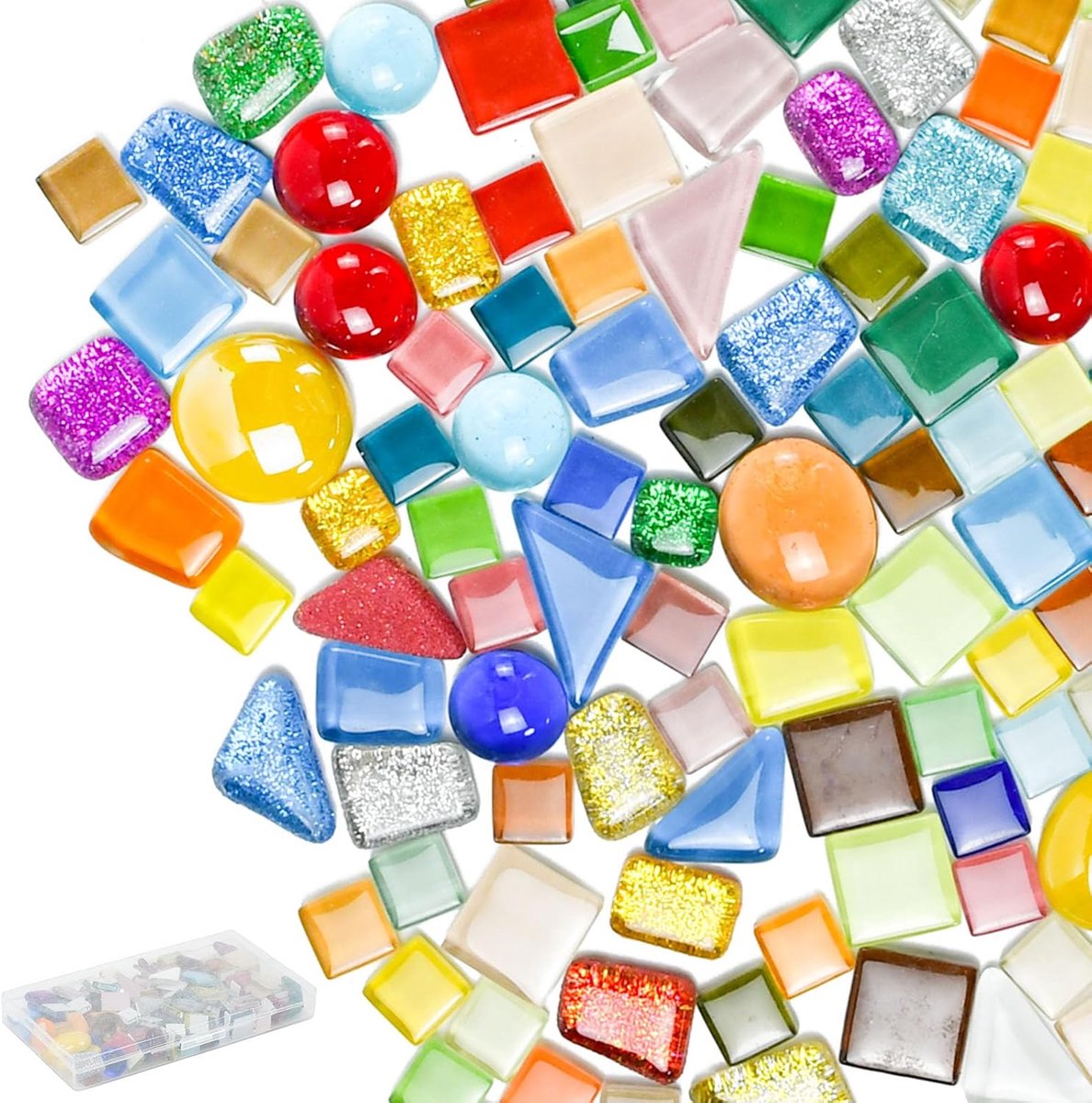 240 g mozaïekstenen, 1 cm-2,6 cm mozaïektegels glas gekleurde glazen tesserae mini-mozaïektegels met transparante doos voor knutselen, handwerk, decoratie, fotolijst