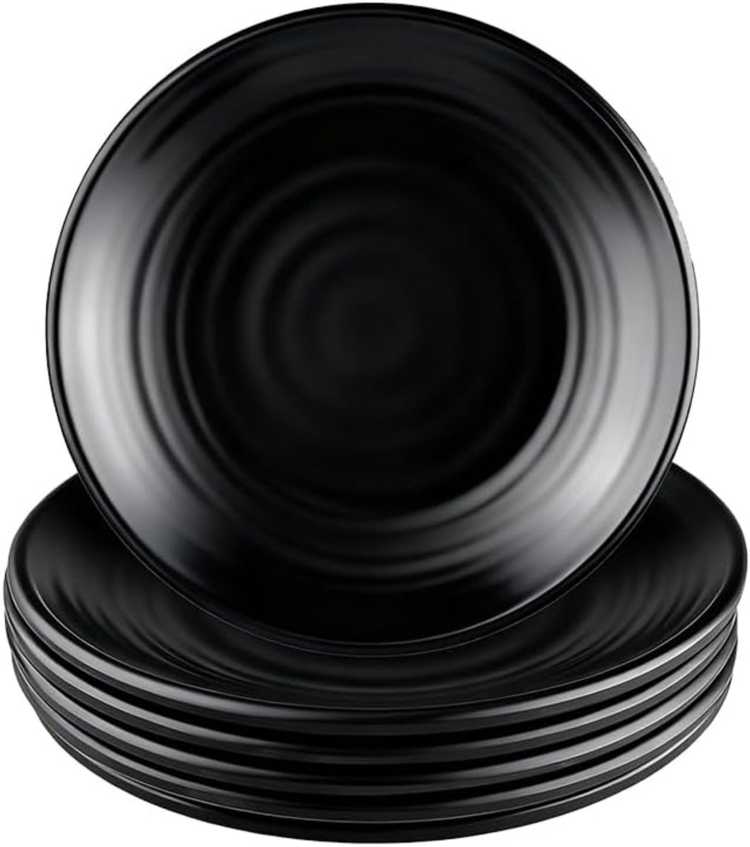 Set van 6 platte borden, 17,5 cm, zwarte dessertborden voor salade, pasta, hoofdgerecht, tapas, valbestendig en draagbaar, BPA-vrij