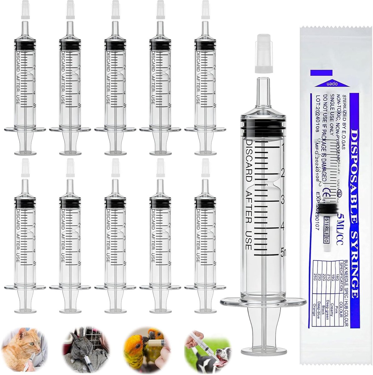 20 stuks spuiten met deksel, 5 ml, spuiten, braadpipet, pipet, keuken, monsterflesjes, plastic pipetten, maatcilinder, shots, druppelfles, maatbeker, voederspuit, doseerspuit