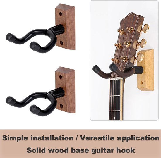 Gitaarhouder van zwart walnoot massief hout, set van 2 wandhouders met U-vormige haken en schroeven, voor akoestiek, elektrische gitaar, bas, banjo, mandoline, stabiele gitaaraccessoires, wandhouder — afbeelding 4