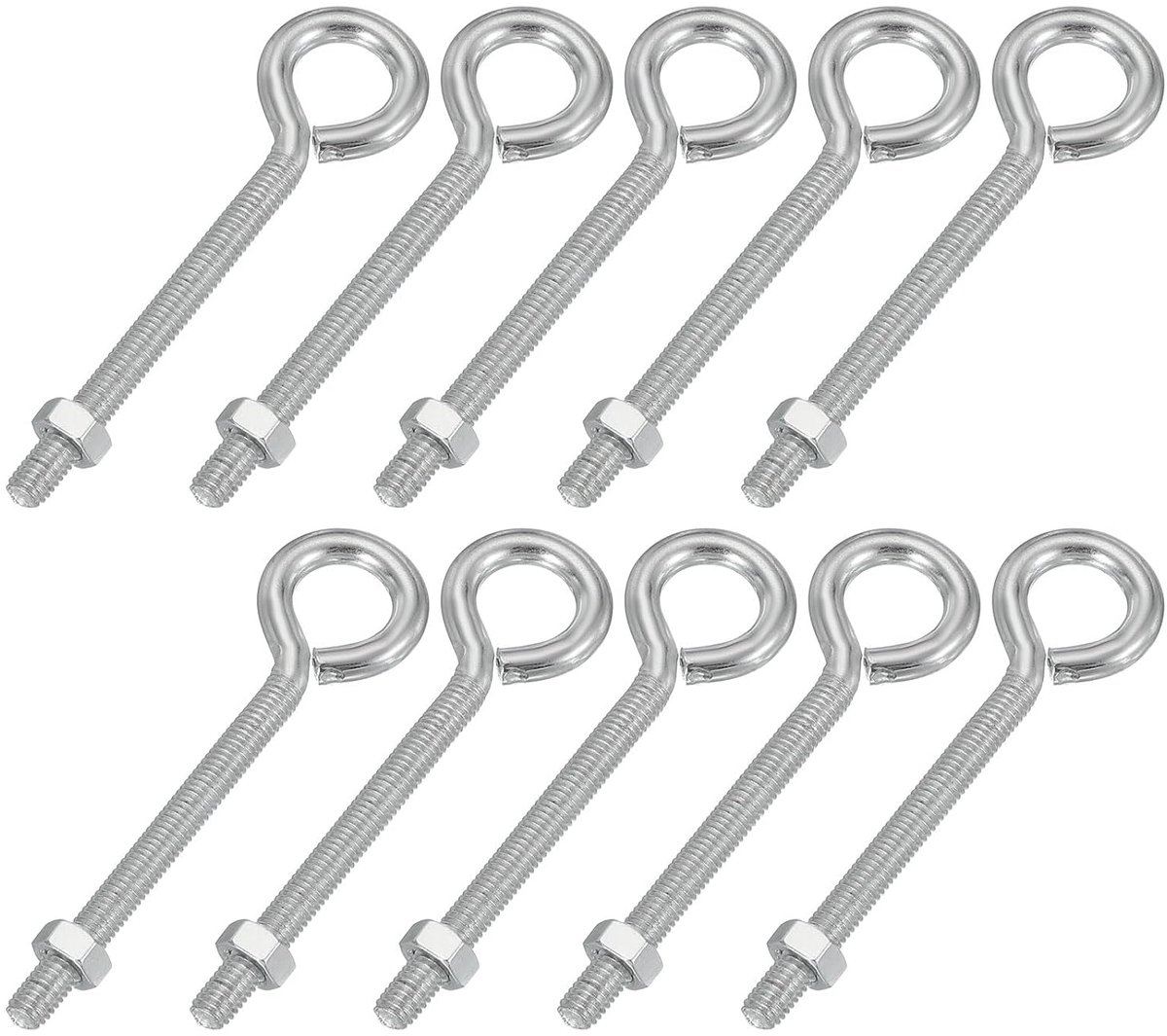 M5 x 50 mm oogschroeven, 10 stuks koolstofstaal, schroefdraadschroeven, ooghaakschroeven met moer voor het ophangen of vastzetten van kabels, zilver