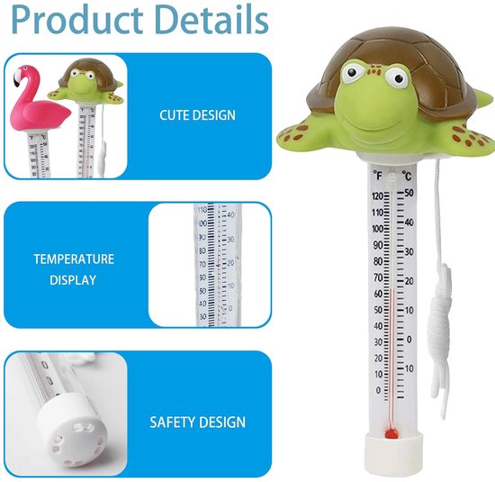 drijvende zwembadthermometer met touw, drijvende waterthermometer, voor binnen en buiten, aquaria, visvijvers (flamingo + schildpad) — afbeelding 5