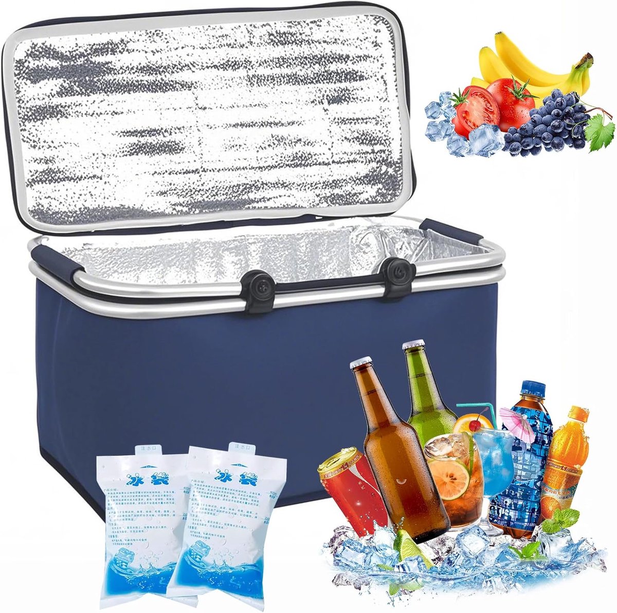 30 liter opvouwbare koeltas met 2 ijaccu's, geïsoleerde thermotas voor picknick, camping, winkelen, kantoor, outdoor en reizen, waterdicht, vuilafstotend, versterkte bodem, blauw