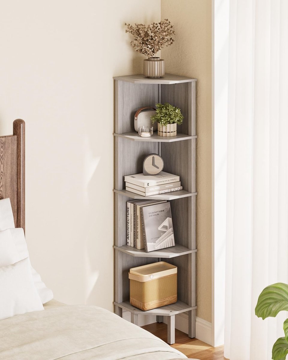 hoekboekenkast met 5 niveaus, plantenrek, opbergplank voor woonkamer, kantoor, slaapkamer, 127 x 29 x 29 cm, grijs