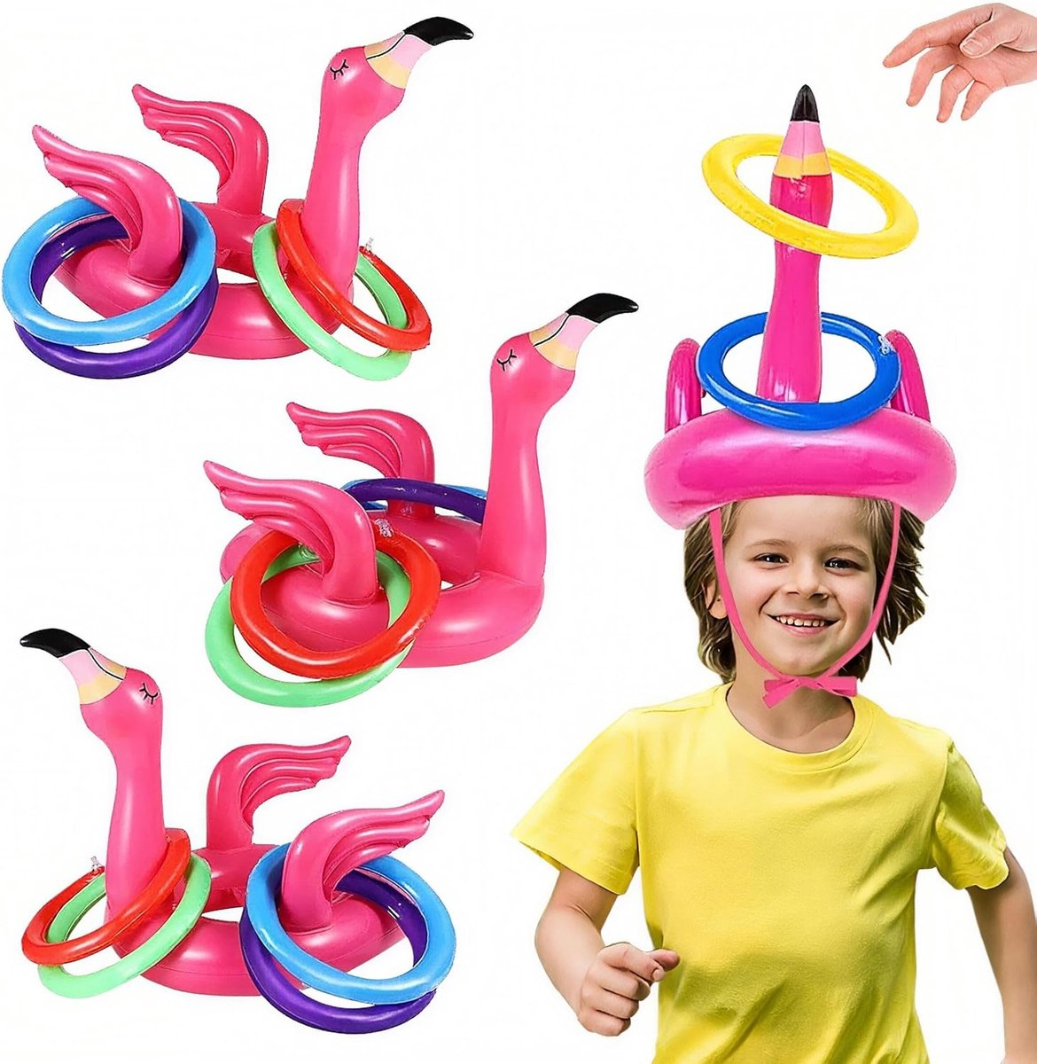 15 stuks opblaasbaar flamingo werpspel, ringwerpspelletje voor kinderen, opblaasbaar flamingo werpspel met 12 ringen, outdoor spelletjes voor Hawaii zomerfeestje, bruiloft, verjaardag