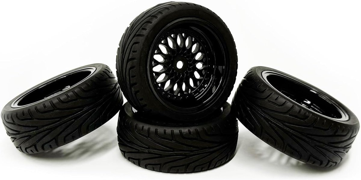 Wielen set, KINGCOO 4 stuks 65mm rubberen banden kunststof coating wiel velgen 12mm Hex voor 1/10 RC On-Road Run-Flating Touring Racing Auto (Zwart)
