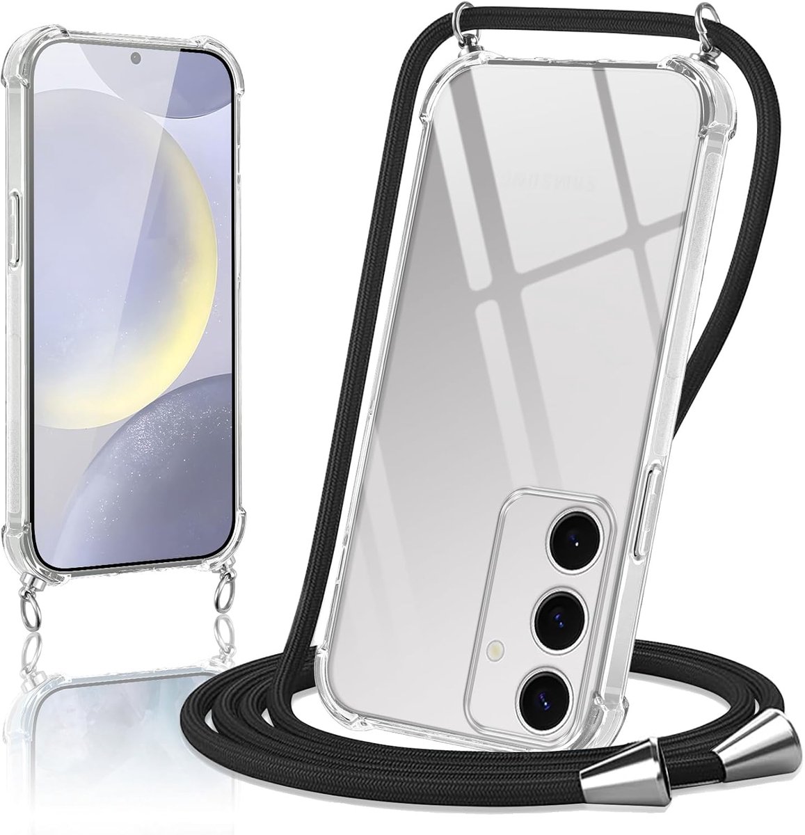 Telefoonhoesje met koord, voor Samsung Galaxy S24 5G, transparante TPU-hoes, stootvast, krasbestendig, siliconen hoes met ketting, zwart