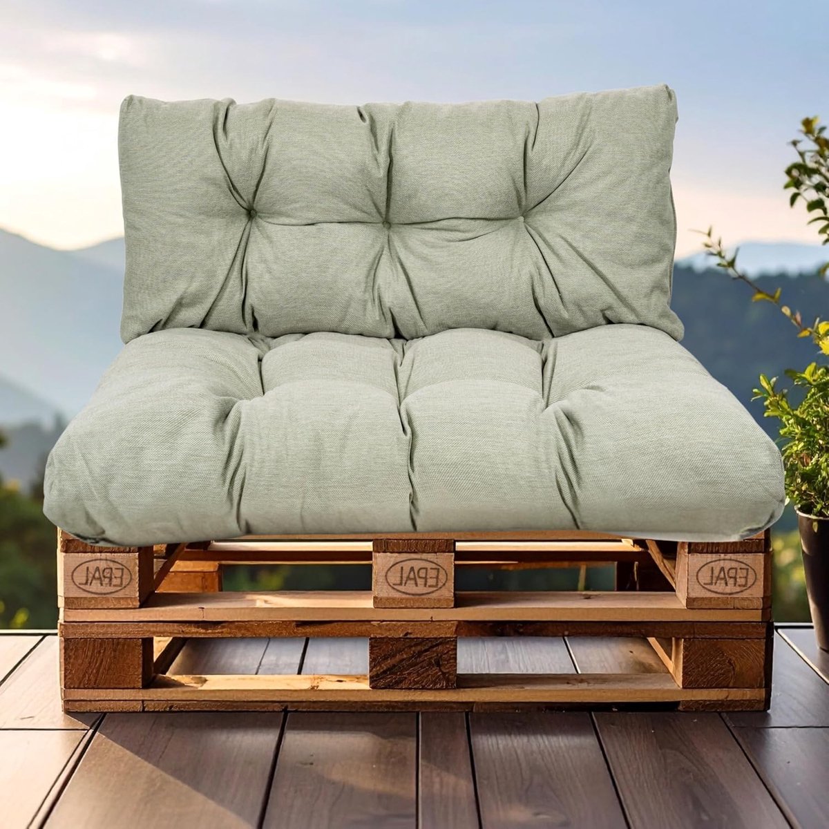 kussen voor europallets, FÜLLPRO+ vulling, weerbestendig palletovertrek (2-delig set - 1x rugkussen 120x40 cm + 1x zitkussen 120x80 cm - Olijfgroen)