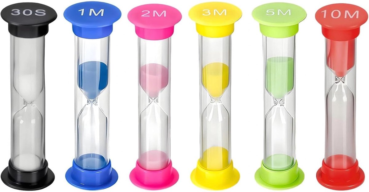 6 stuks zandlopers, kleine zandloper 30 sec, 1 min, 2 min, 3 min, 5 min, 10 min