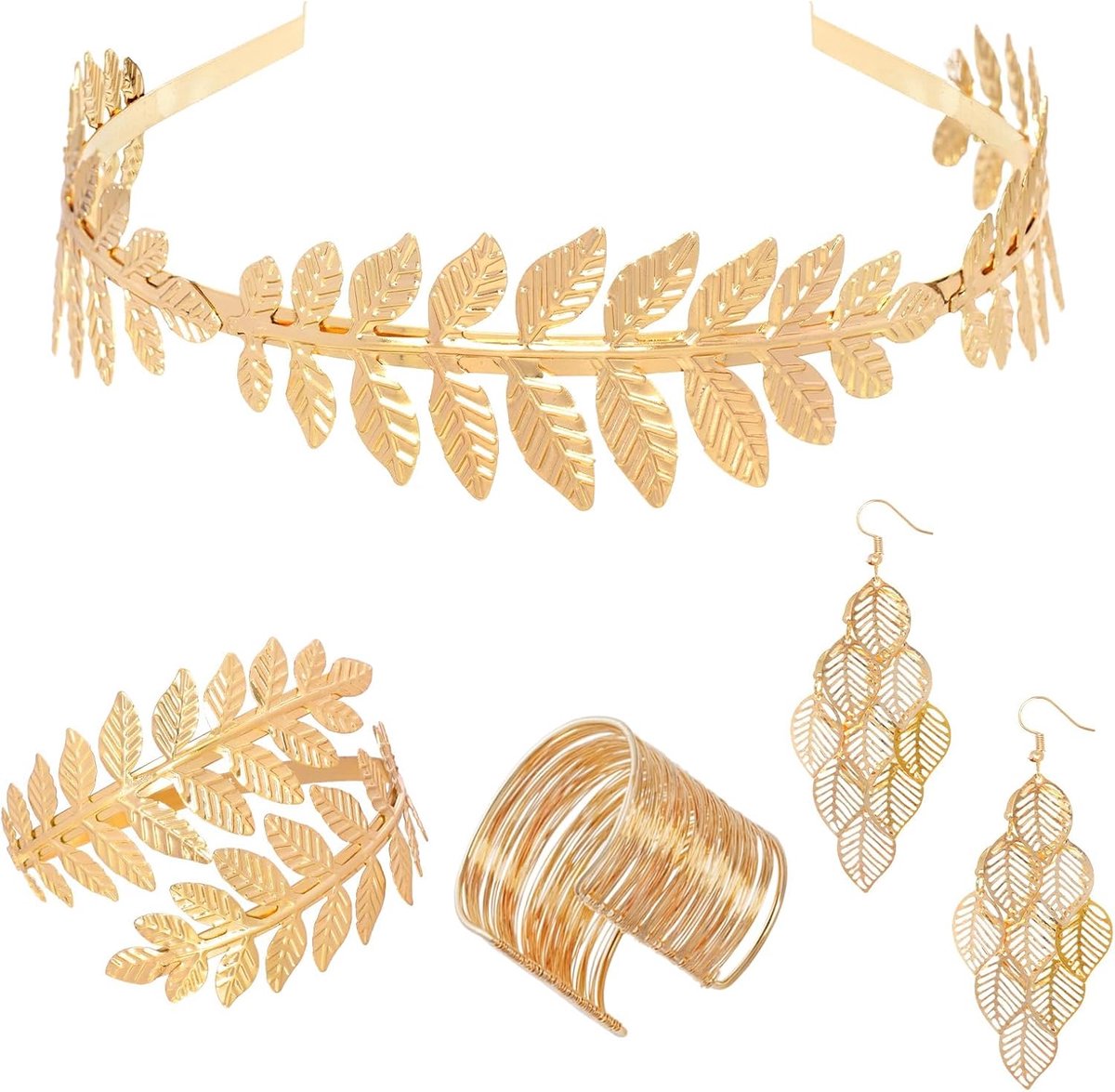 godin sieradenset, lauwerkrans, hoofdtooi, bovenarmband, oorbellen, Greek Goddess accessoireset, gouden sieraden, Romeinse voor dames, carnaval, bruiloft, Halloween