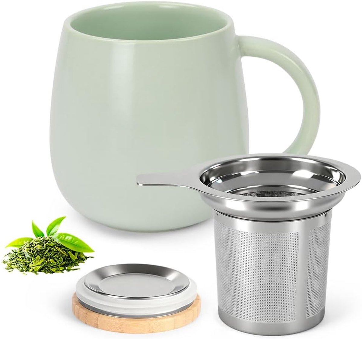 Theekop met infuser en deksel, 480 ml grote theemok, keramische mok met houten deksel en roestvrijstalen infuser voor thee, koffie, water, theekop voor kantoor, thuisgebruik