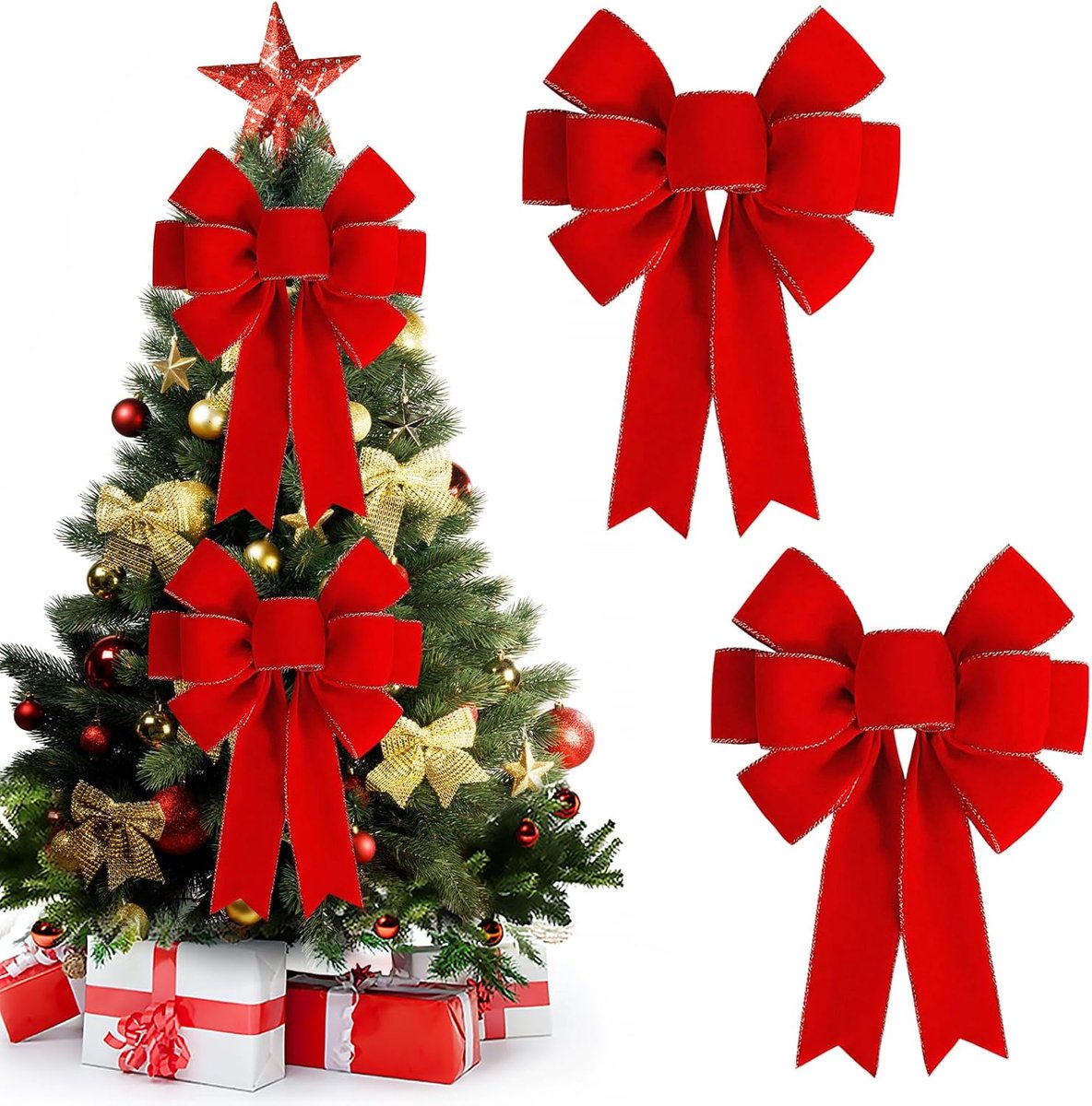 Rouge Noel, 2 stuks Gros Noeud Sapin de Noël, Kerstdecoratie, rode buitenkant, cadeau voor Sapin de Noël, Porte d'entrée, Décoration de Maison (2 stuks)