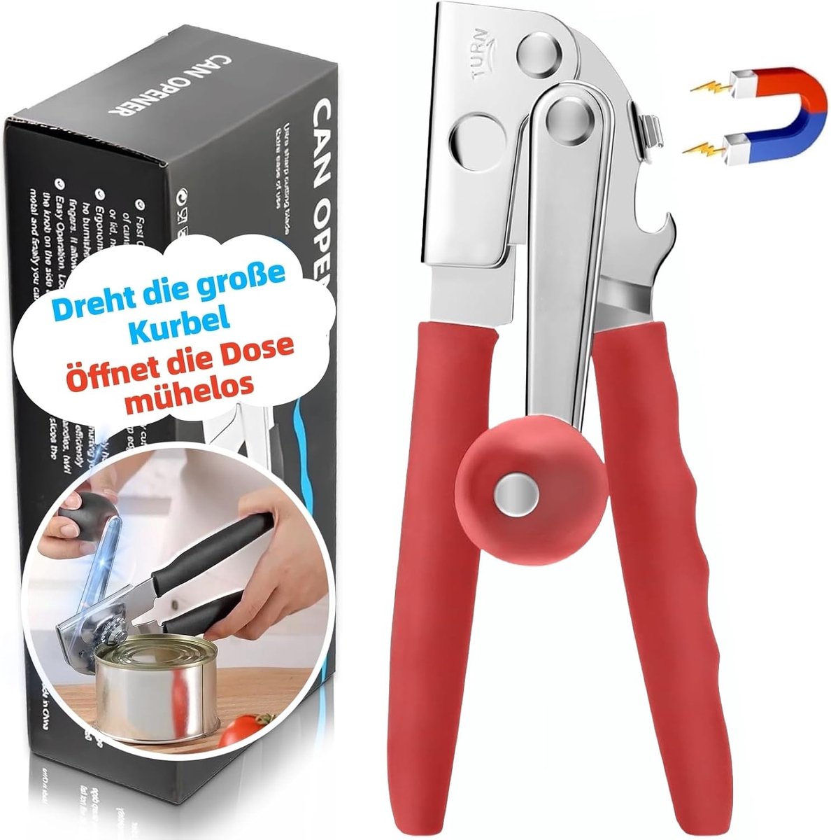 Blikopener Handmatig Roestvrij Staal, Ergonomische Antislip Handgreep, Veilige Gladde Randen Blikopener voor Ouderen, Vrouwen, Thuiskeuken en Restaurant (Rood)