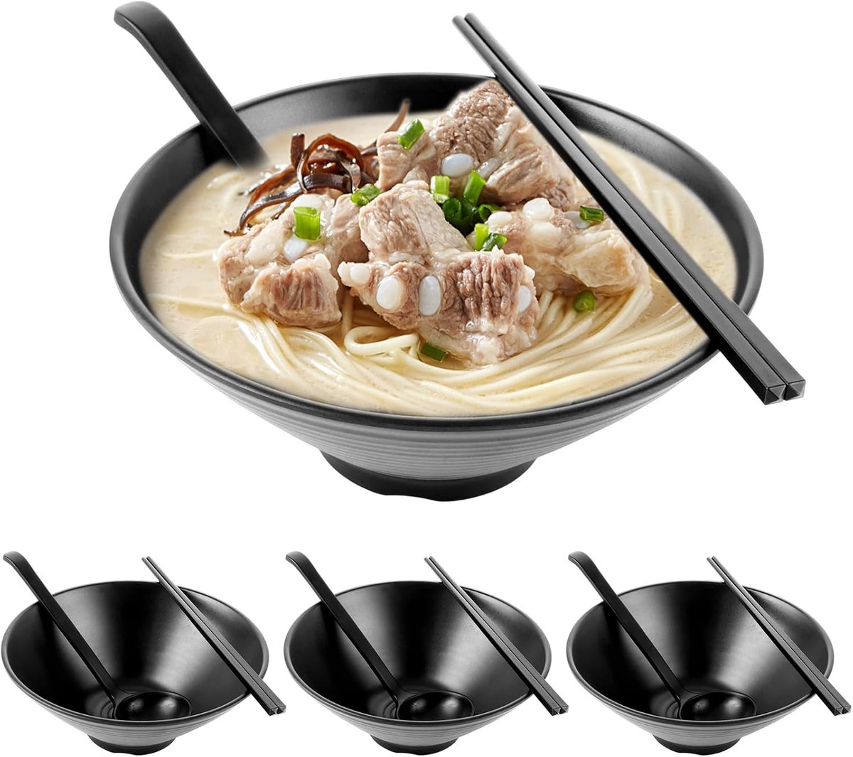 Set van 4 Japanse ramenkommen, 1000 ml, ramenkom van melamine, ramenkom met lepel en eetstokjes, vaatwasmachinebestendig, duurzaam, voor ramen, noedels, buldak ramen, salade