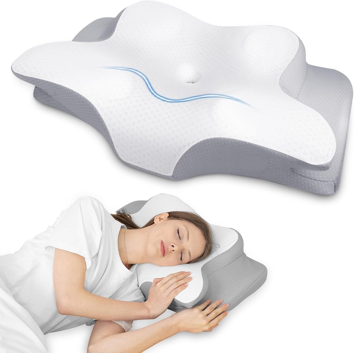 Nekkussen Hoofdkussen, traagschuim Ergonomisch hoofdkussen 3D verkoelende kussenhoes voor rug-, zij- of buikligging, 62x41x11/13cm