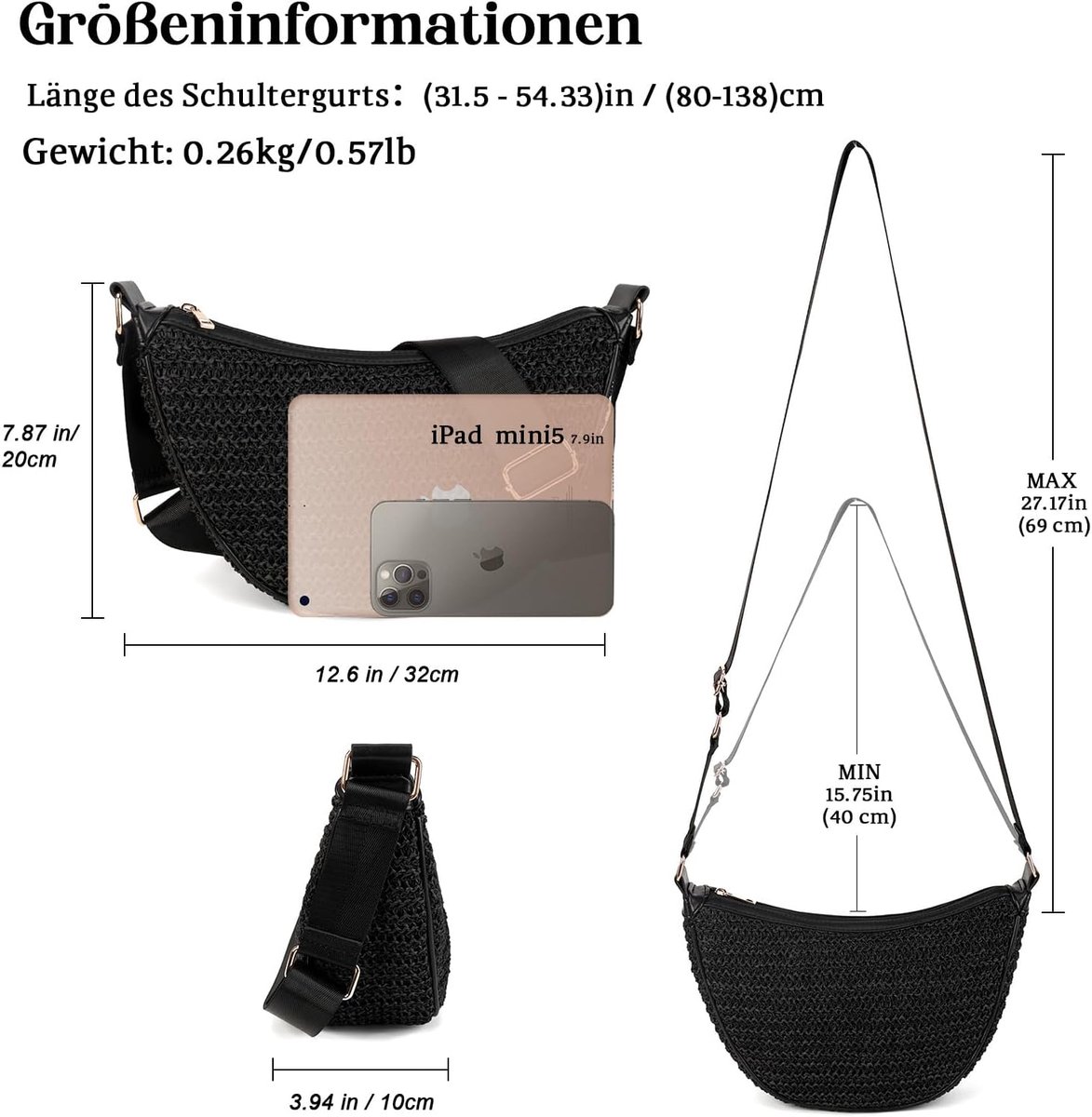 Schoudertas voor dames, strotas, halve maan, crossbody tas, gevlochten, boho, zomer, schoudertas, lichte strandtas