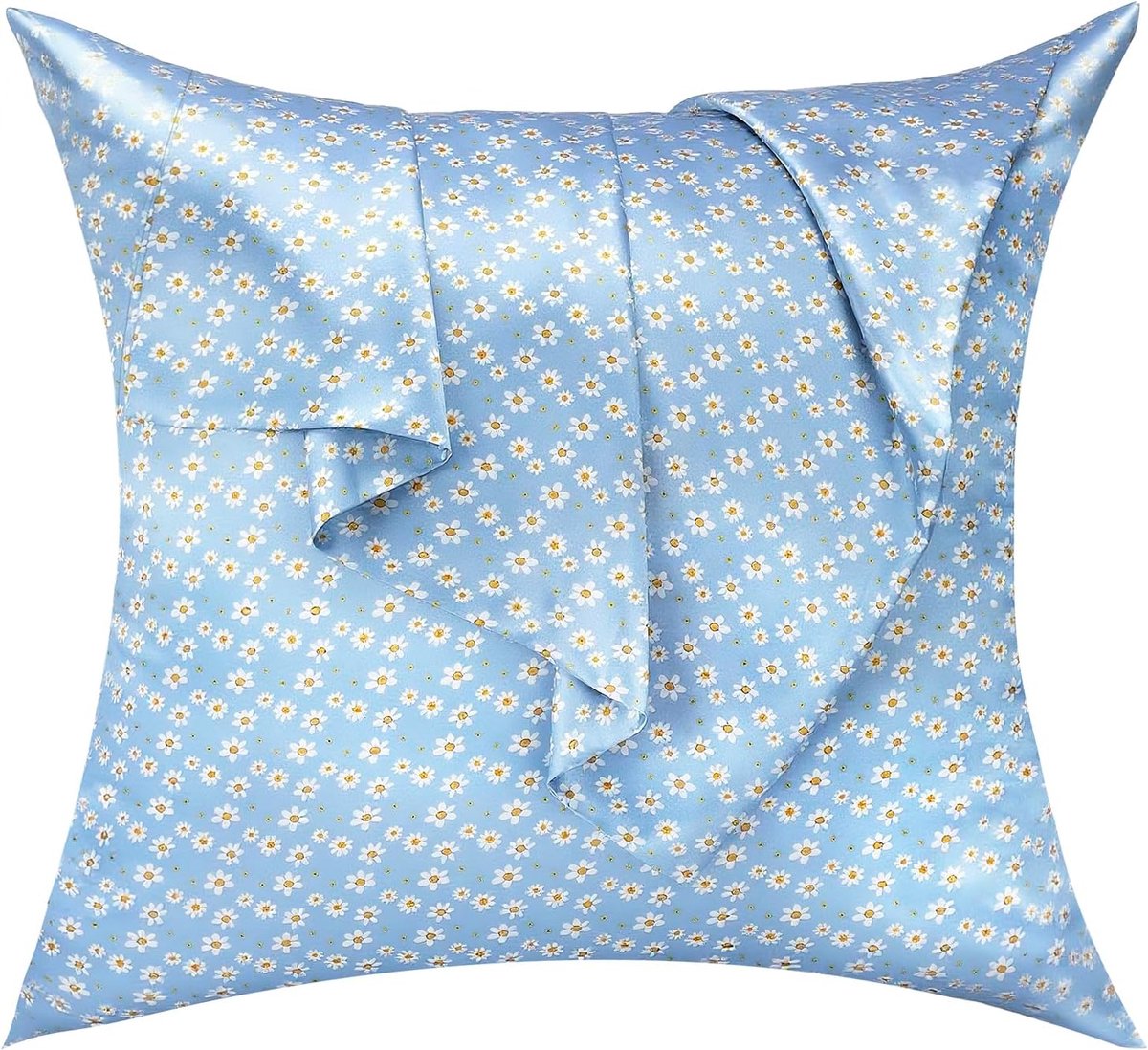Zijdeachtige Satijnen Kussenhoes met Rits, Polyester Satijnen Kussenhoes voor Haar, Gladde Bloemenprint met Blauw Madeliefje, 60 x 60 cm