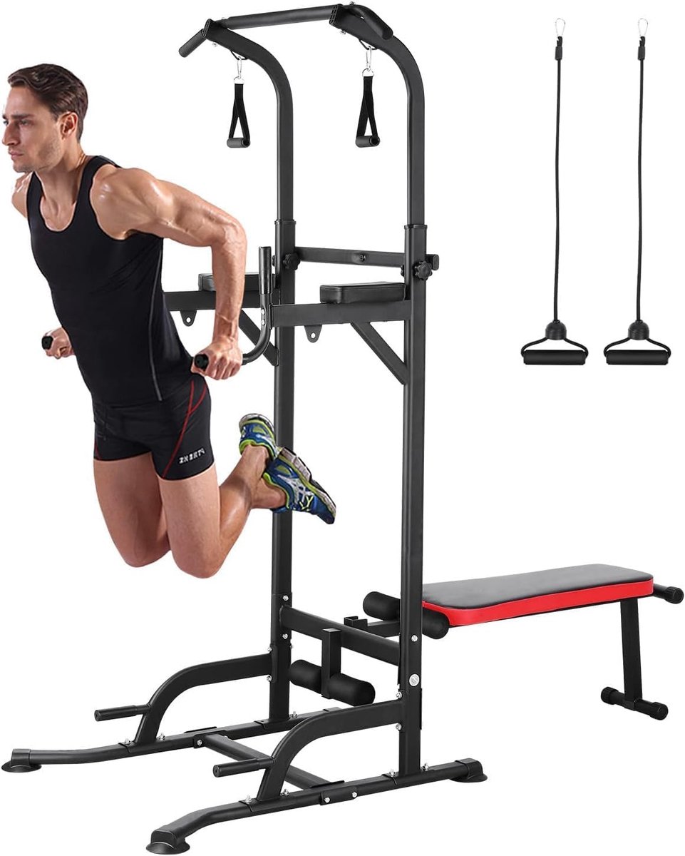 Station Power Tower, multifunctionele krachttoren met inklapbare halterbank, optrekstang voor krachttrainingsapparaten voor thuisfitnessstudio, incl. trainingsbanden, draagvermogen tot 200 kg