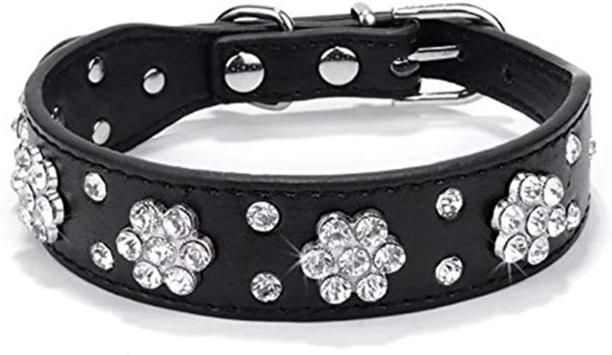 halsband, schattige bloem strass kat hondenhalsband bling kraag PU lederen halsband in grootte verstelbare maten Small, Medium, Large (M, zwart)