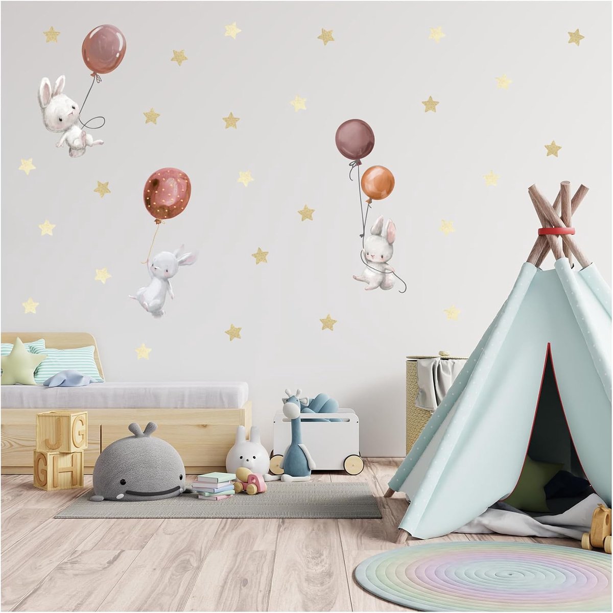 Muursticker sticker waterverf dieren met naam muur tattoo voor kinderkamer babykamer speelkamer muurdecoratie meisje jongen Y037 (Nr. 7 konijntjes met ballonnen Aardetinten)