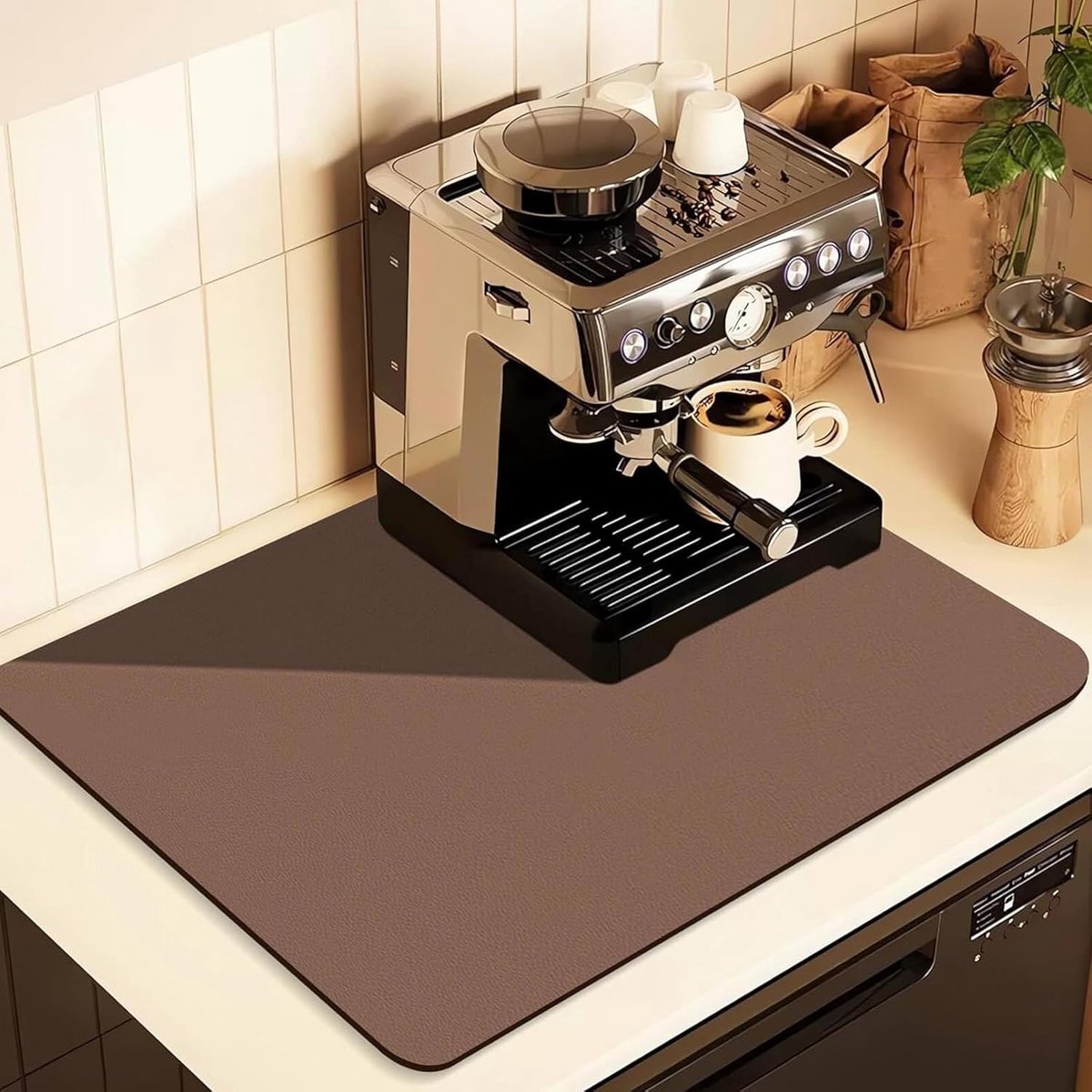Afruipmat voor vaat, 30x40cm koffiezetapparaat, absorberende mat onderlegger, PU-leer, antislip & sneldrogend (Bruin)