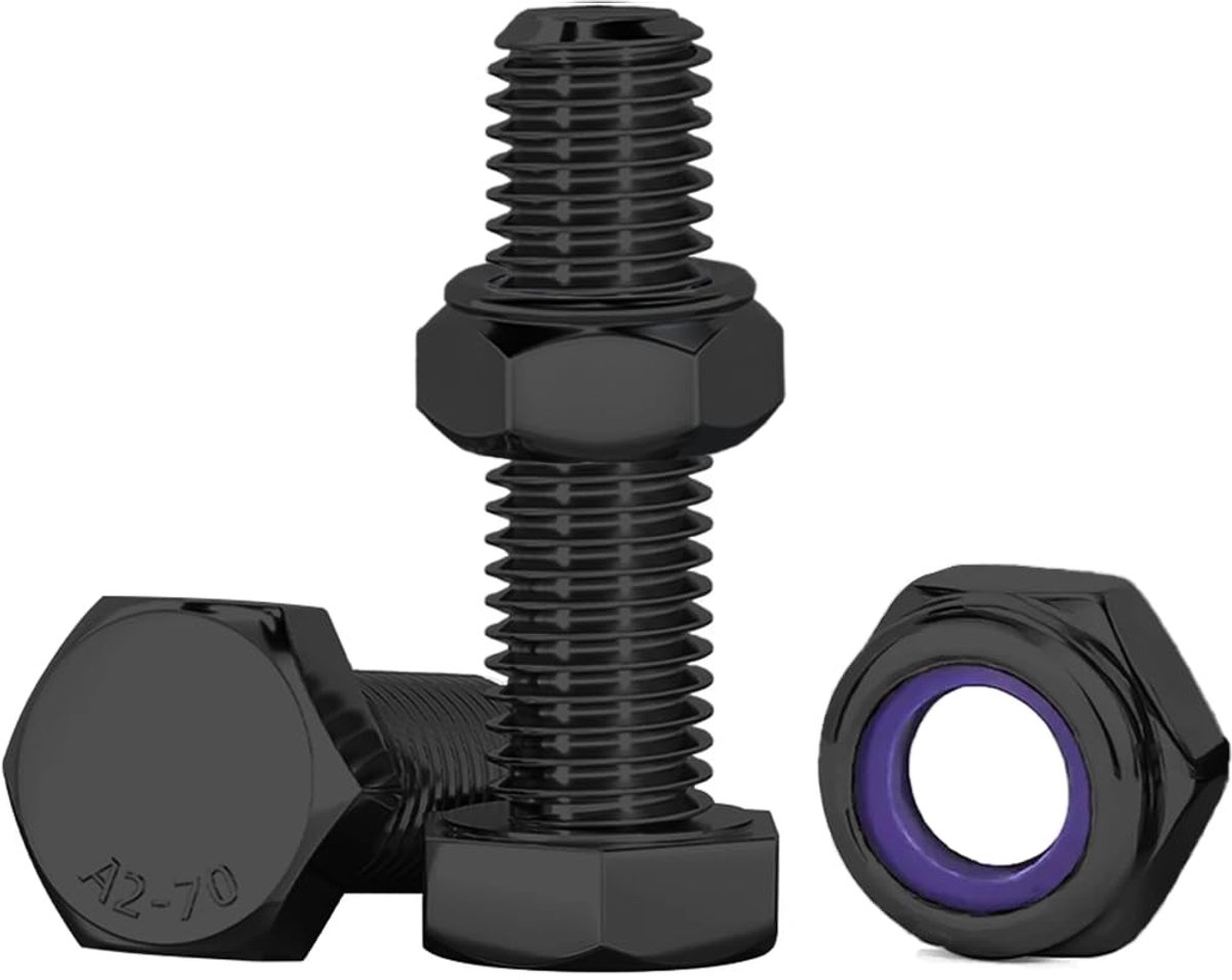 Schroevenset met zelfborgende moeren, zwart, M8 x 30 mm, bouten en moeren, M8, 10 stuks zeskantschroeven en moeren, set van 10 stuks, roestvrij staal, A2, V2A, zeskantschroeven, set voor