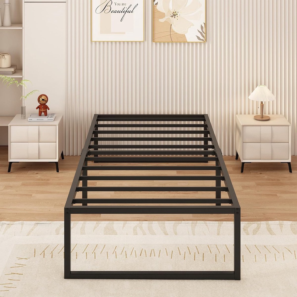 Eenpersoonsbed 90 x 190 cm Metalen Bed Met Lattenbodem, Hoogte 41 cm, Bedframe Voor 1 Persoon, Stil, Stabiel, Minimalistisch Design, Eenvoudig te Monteren, Zwart
