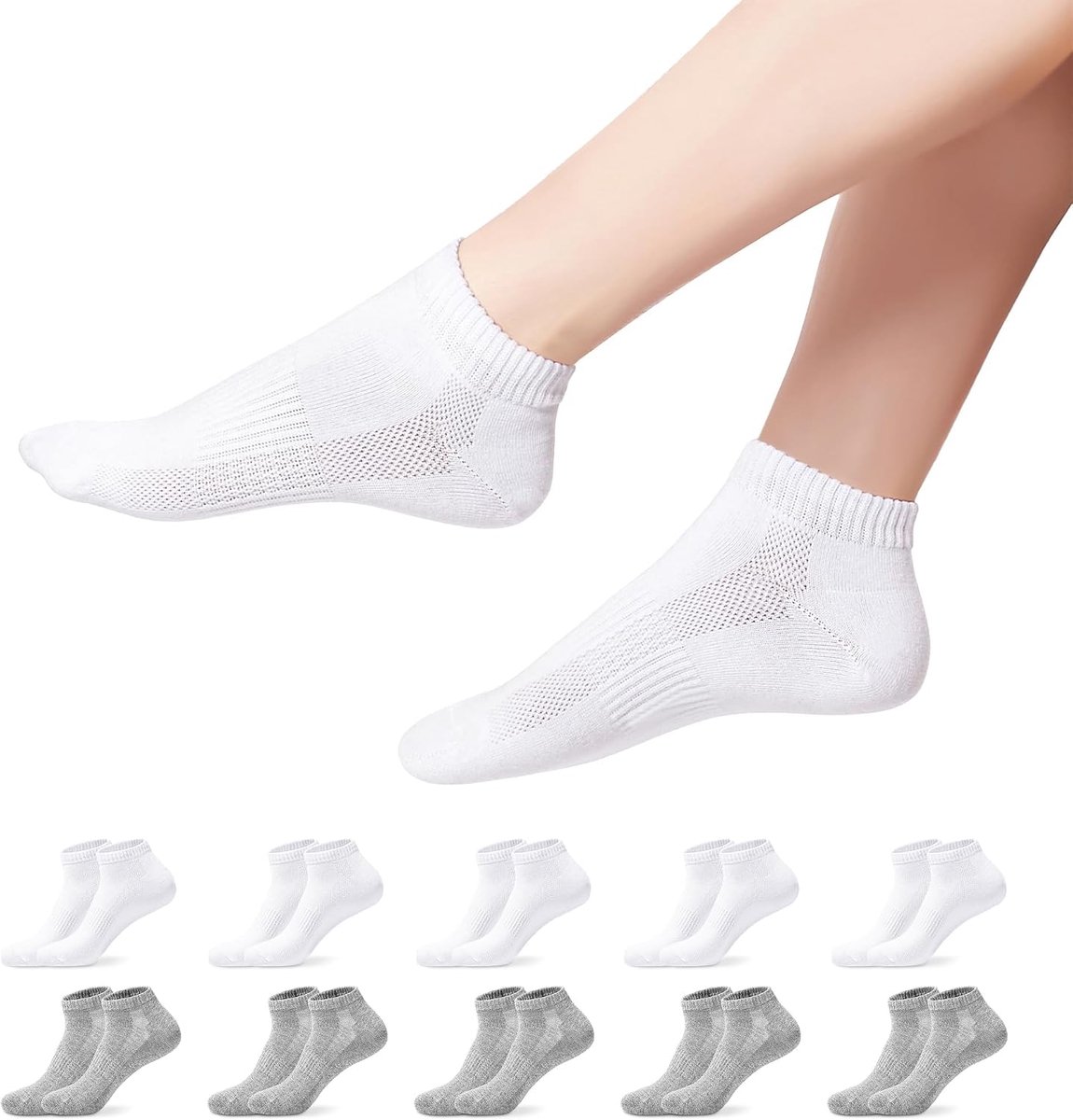Sokken heren dames, korte ademend sneakersokken hardloopsokken katoen uniseksn Wit Grijs 47-50