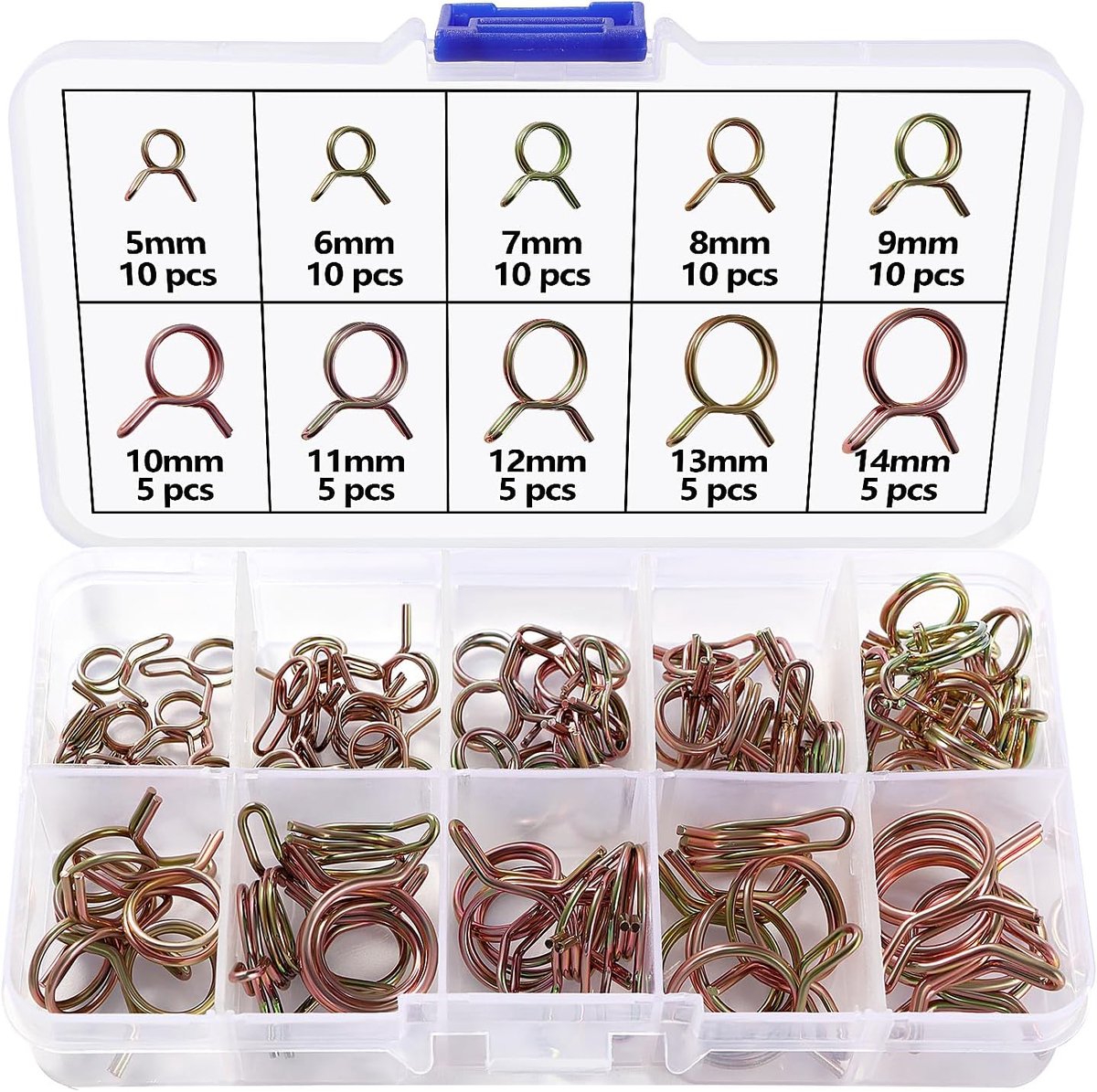 75 Stuks 10 Maten 5-14 mm Dubbele Draadveer Slangklem Kit, Luchtslangklemmen Bevestigingsmiddel, Brandstofleiding Slang Buisveerklemmen, voor Luchtslang Brandstofleiding Slang, Goud