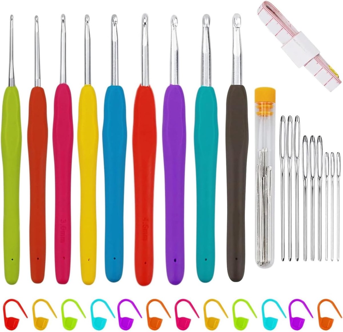 Haaknaaldenset, 9 stuks haaknaalden van aluminium met 40 markeernaalden, 9 naalden, 1 liniaal, ergonomische handgreep, zachte grip, haaknaaldenset