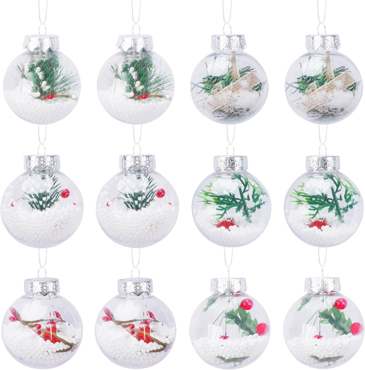Kerstballen, 12 stuks, transparant, vulbaar, kunststof kerstballen voor kerstboom, kerstdecoratie (6 cm)