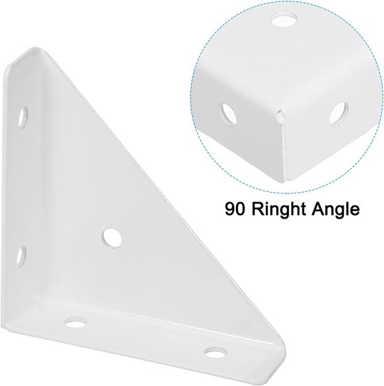 Hoekbretels 6 x 6 cm, 6 stuks driehoekige plankbeugel gezamenlijke haakse beugel koudgewalste stalen beugels verbindingssteun met schroeven voor bureaubedrand, wit — afbeelding 2