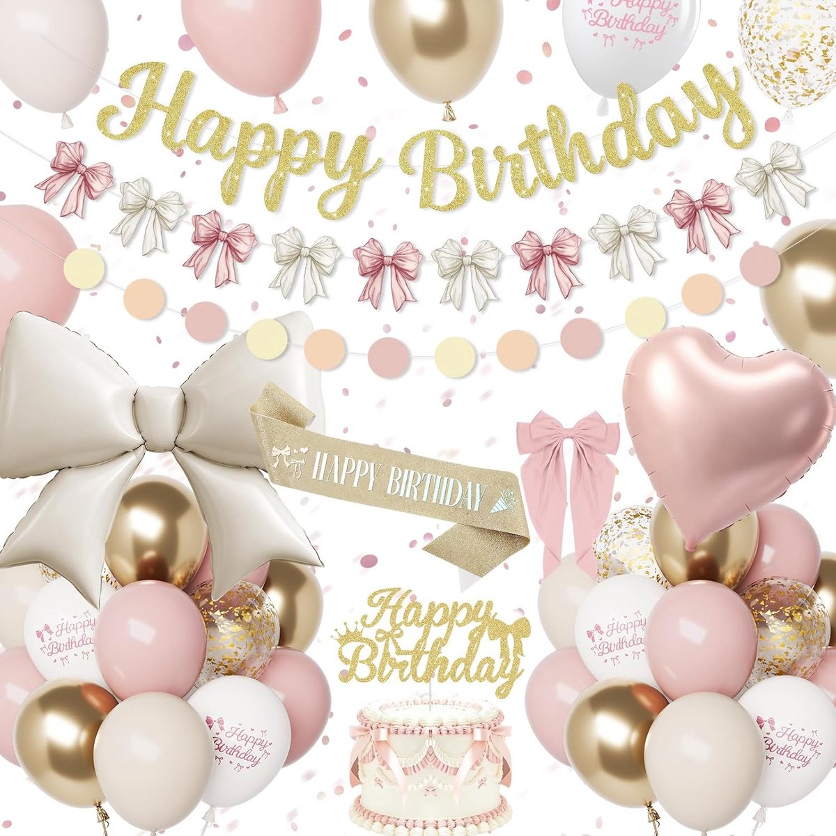 verjaardagsdecoraties voor vrouwen, feestdecoratieset met stoffige roze en gouden strik, Happy Birthday-banner, roze beige ballonnen, metallic strikballon, klemmen