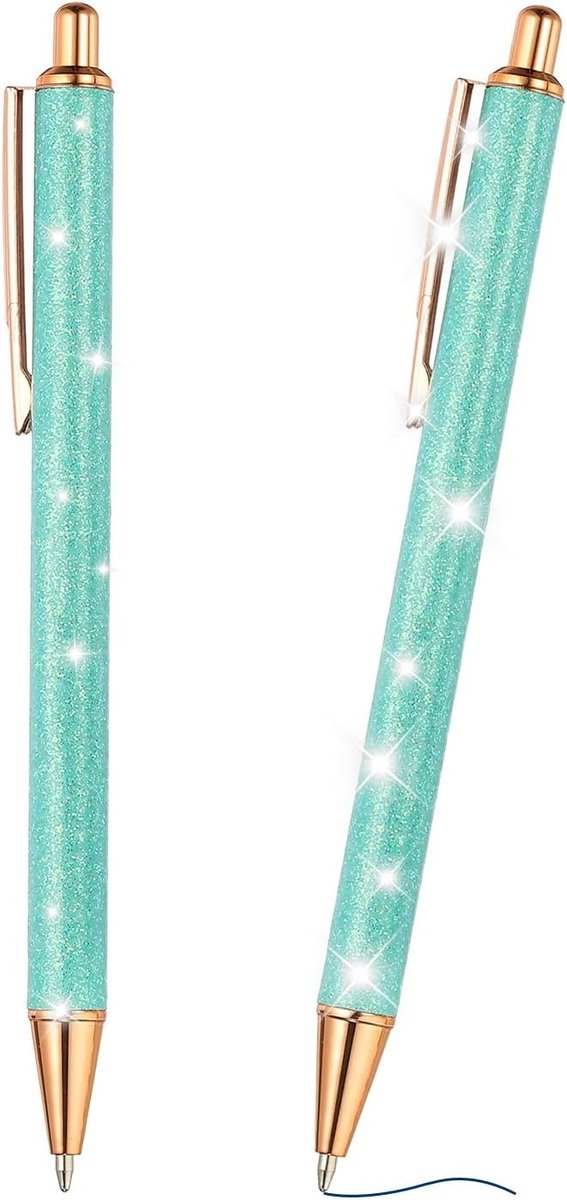 Glitter Balpen, 2 stuks sprankelende fancy glitter pen intrekbare druk metalen journaling schrijfpennen zwarte inkt voor vrouwen meisjes kantoor verjaardag, fluorescerend groen
