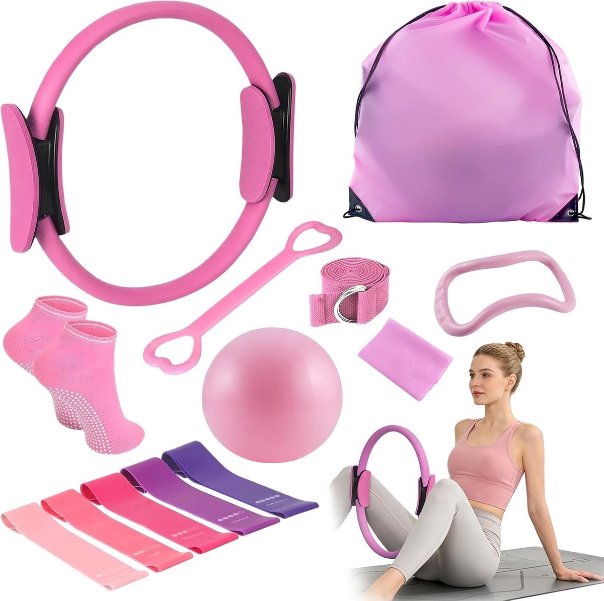 ringenset, 13-delige fitnessset met pilates-ringen, mini-yogabal, fitnessbanden, weerstandsbanden, accessoires voor thuis, gym, pilates en yoga-training
