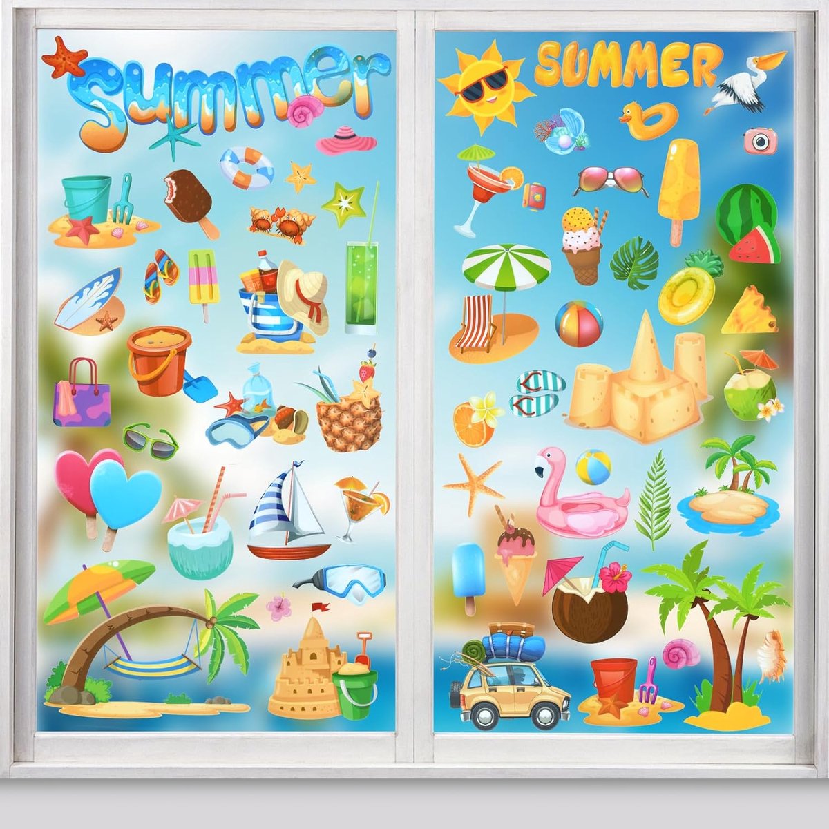 Raamstickers, zomerse raamstickers, ijsvruchten, zomerstrand, raamstickers voor feest, huis, glas, winkel, school (kleur 9)
