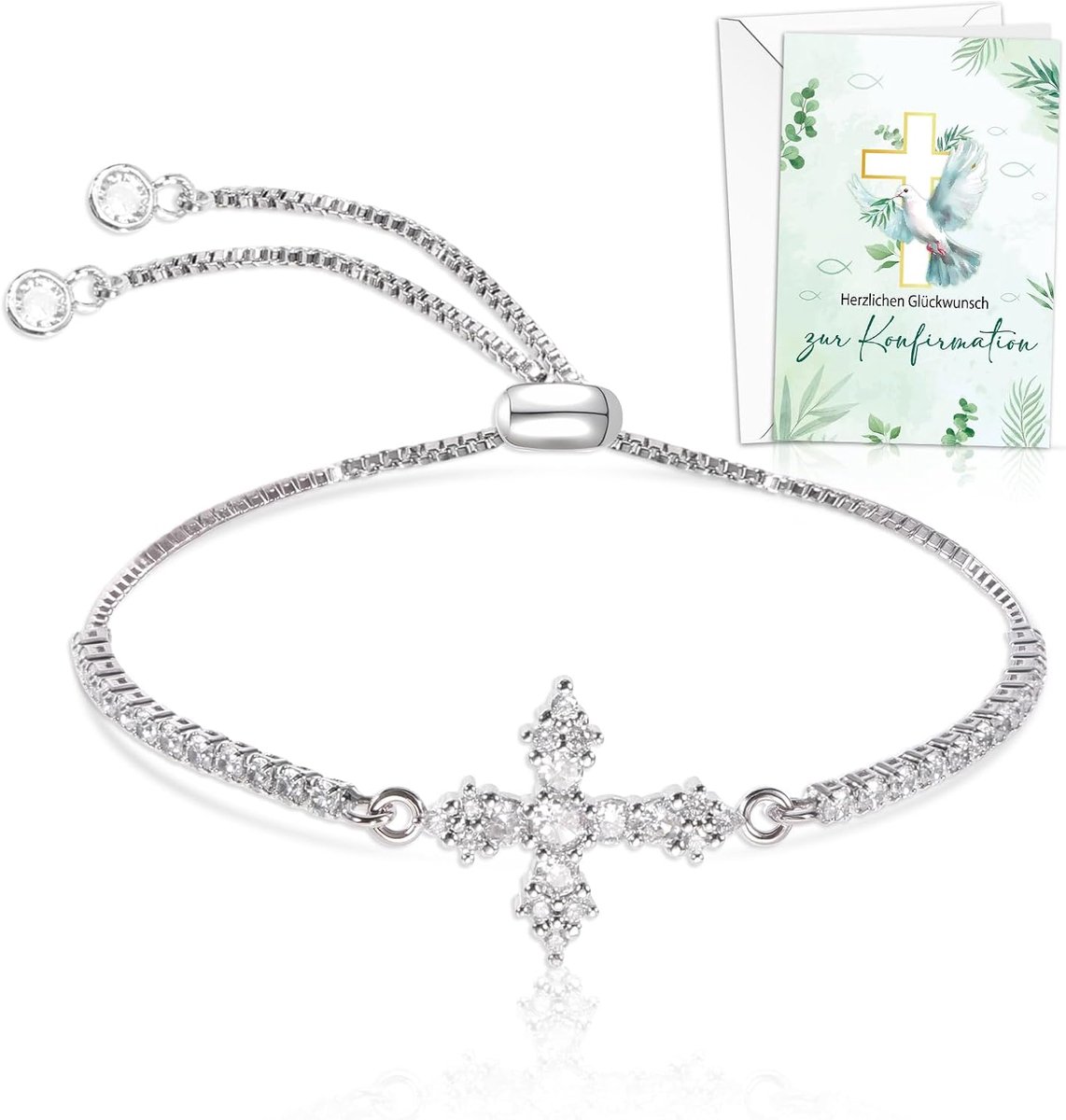 Cadeau vormsel meisje kaart met envelop zirkonia armband kruis, hartelijke felicitatie voor confirmatie kaart geschenken meisjes armband