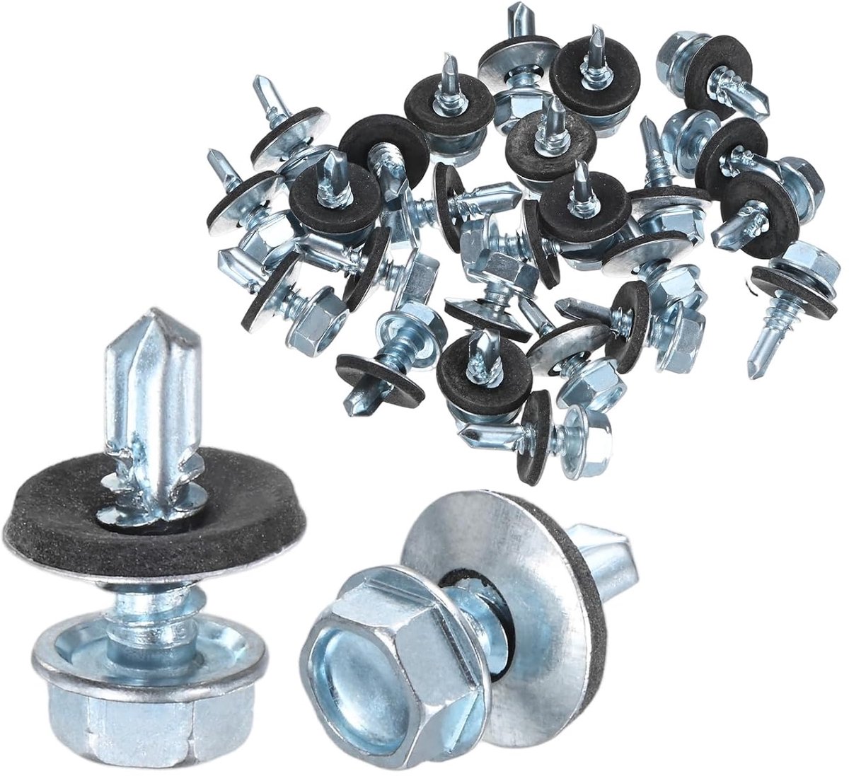 METERXITY Verpakking met 25 zelftappende schroeven met rubberen sluitring, M6,3 x 19 mm, verzinkt koolstofstaal, zeshoekige kop voor metalen dekplaten, bekleding, staalconstructies