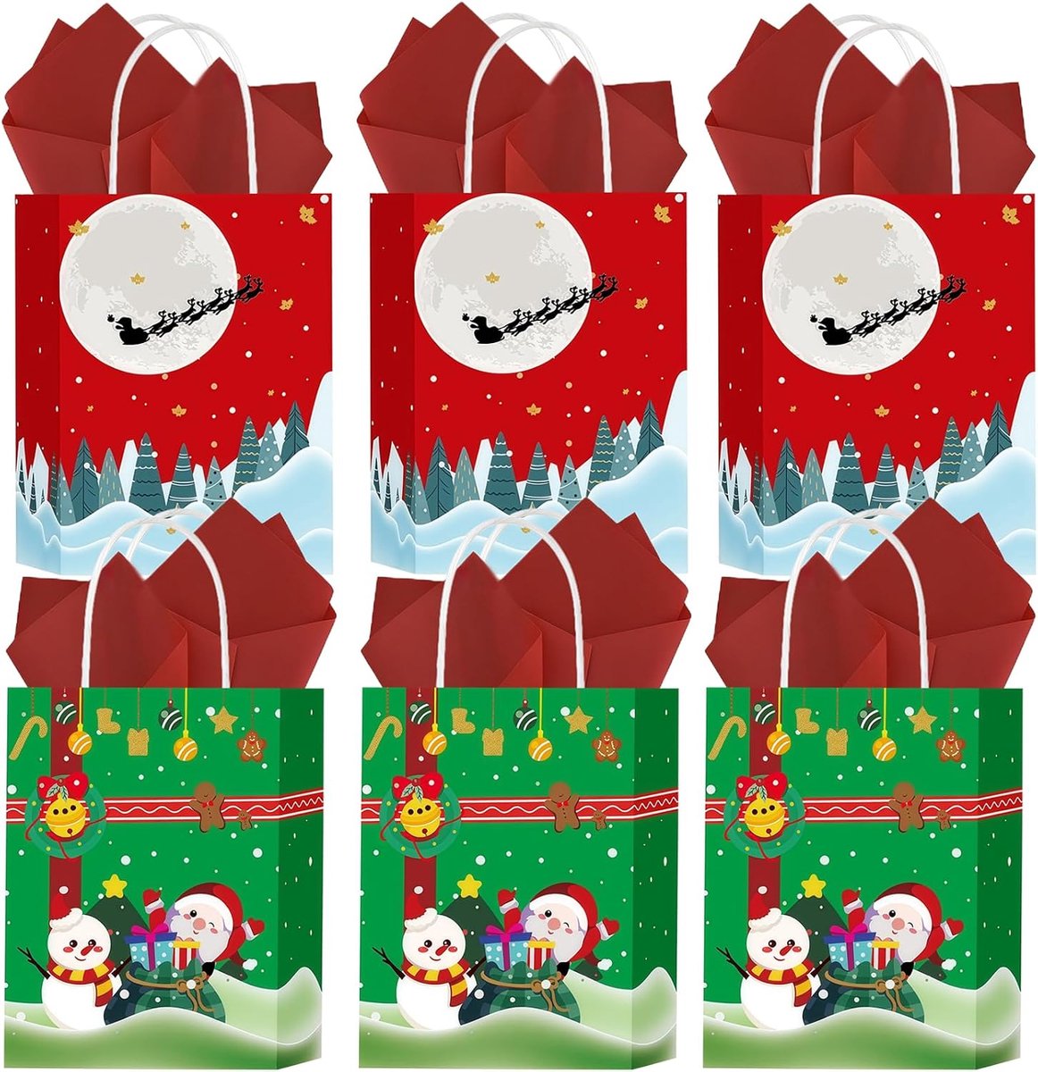 6 stuks kerstcadeauzakjes met zijdepapier, 22 x 16 x 8 cm, kerst papieren zakken met handvat, cadeauzakjes met kerstpinguïn, papieren zakken voor kerstcadeauzakjes, decoraties