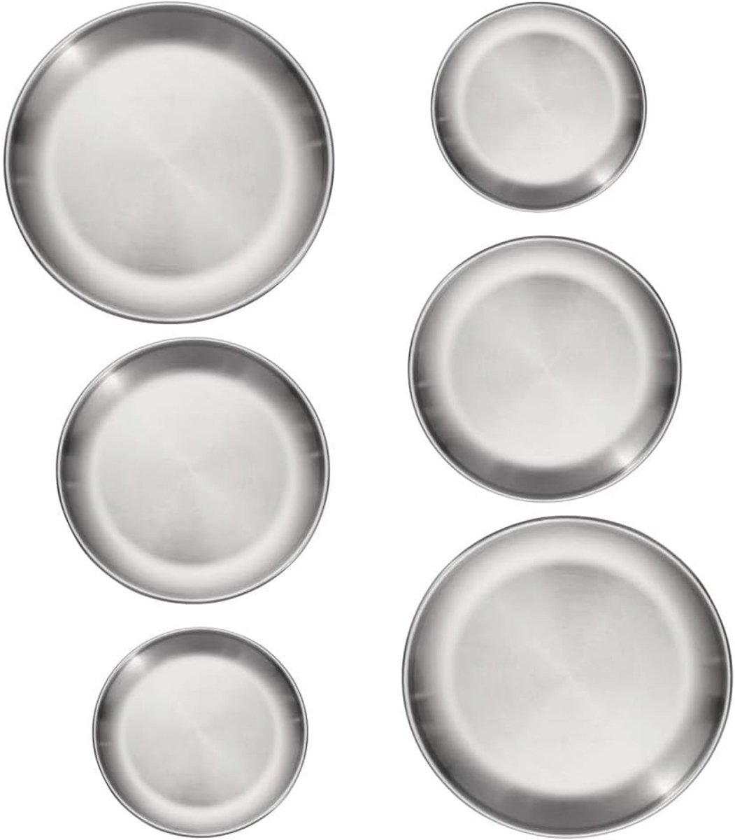 6 stuks roestvrijstalen ronde servies, onderborden, roestvrijstalen borden, campingplaat, 3 maten roestvrijstalen platen, set van 3 maten, roestvrij stalen platen, set voor feest, camping