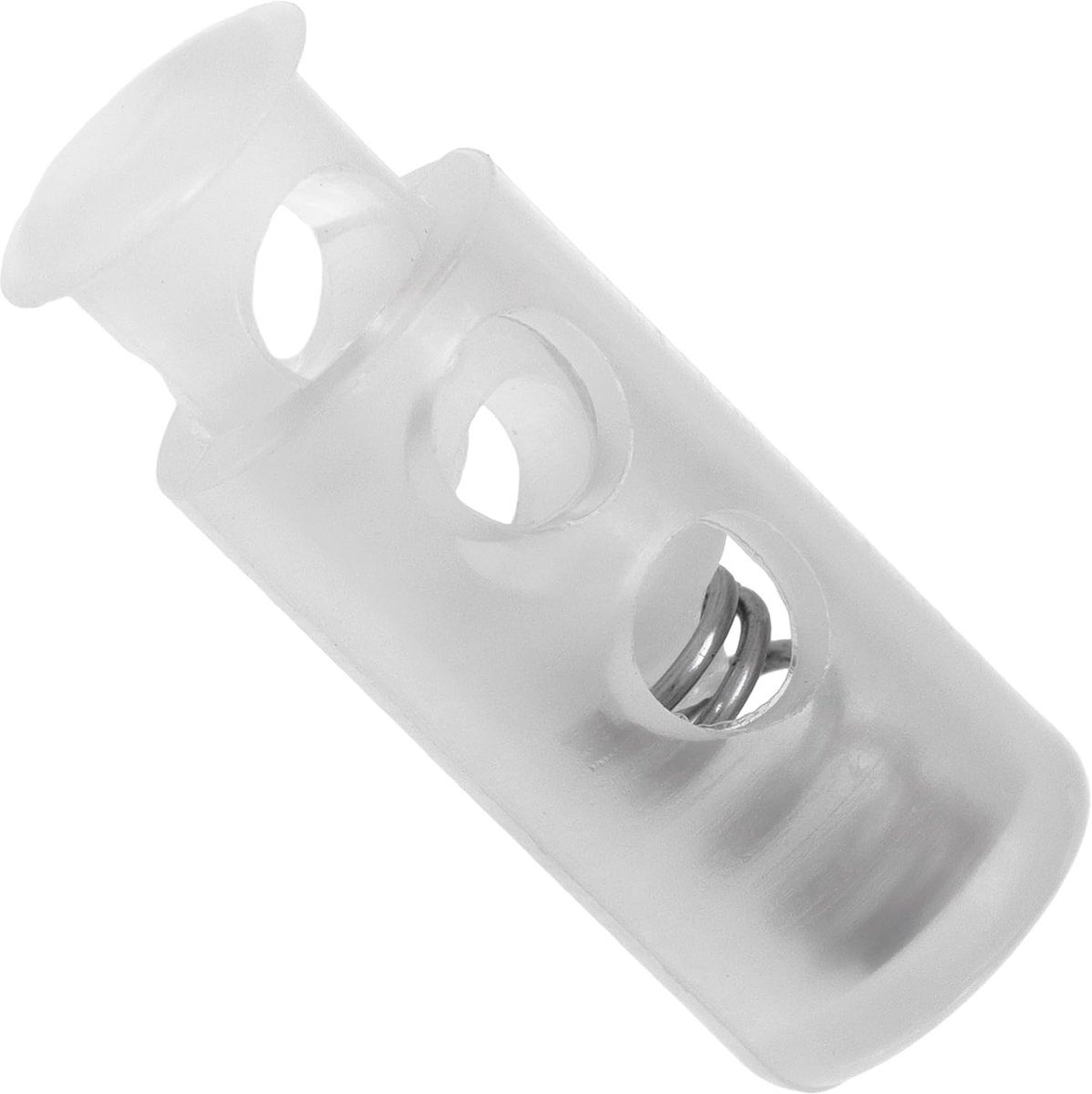 - Lot van 12 veer-gecoreerde cilindrische stop-kordons met 2 gaten - stop voor het vastzetten van de koord - opening 3.5 mm - van plastic - kleur transparant wit