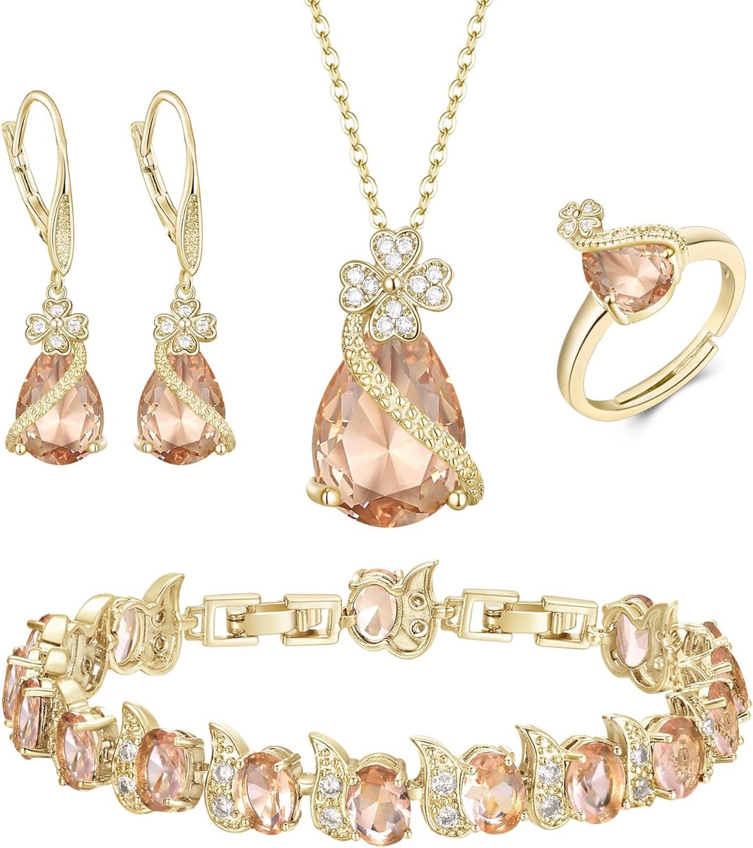 FAITH 4 stuks klaversieraden set peervormige kubische zirkonia halsketting oorbellen tennisarmband ringensets formele sieraden cadeau voor dames
